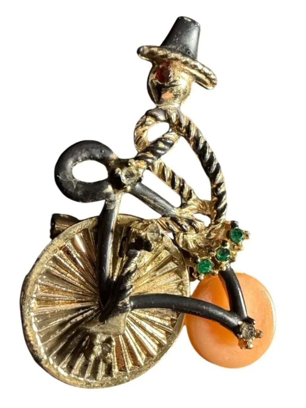 Vintage Gold Tone Penny Farthing Bicycle Brooch Pin Celluloid Wheel Rhinestone